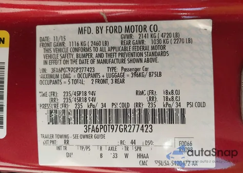 2016 Ford Fusion Se z USA, uszkodzony, nr VIN 3FA6P0T97GR277423